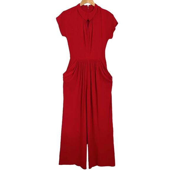 Vintage Norma Kamali x Bloomingdales 1980s Red Crepe Keyhole Pleated Jumpsuit - Picture 2 of 9